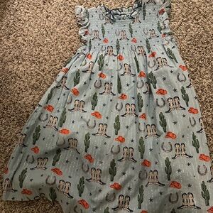 Pink Chicken Blue Dress with Cactus and Boot Print